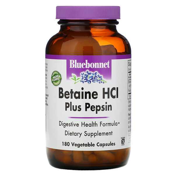 Bluebonnet Nutrition, Betaine HCL, Plus Pepsin, 180 Veggie Caps 1 Bluebonnet Nutrition, Betaine HCL, Plus Pepsin, 180 Veggie Caps