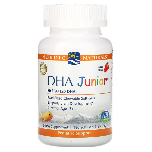 Nordic Naturals, DHA Junior, Great for Ages 3+, Strawberry, 62 Nordic Naturals, DHA Junior, Great for Ages 3+, Strawberry, 62.5 mg, 180 Soft Gels