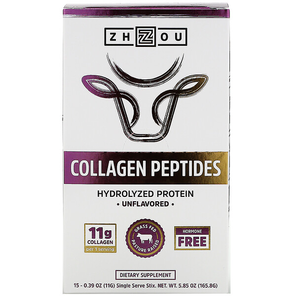 Zhou Nutrition, Collagen Peptides, Hydrolyzed Protein, Unflavored, 15 Stix, 0 Zhou Nutrition, Collagen Peptides, Hydrolyzed Protein, Unflavored, 15 Stix, 0.39 oz (11 g) Each