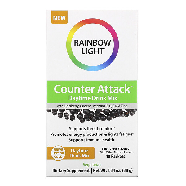 Rainbow Light, Counter Attack, Daytime Drink Mix with Elderberry, Ginseng, Vitamins C, B12 & Zinc, Elder-Citrus, 10 Packets, 0.1 oz (3 Rainbow Light, Counter Attack, Daytime Drink Mix with Elderberry, Ginseng, Vitamins C, B12 & Zinc, Elder-Citrus, 10 Packets, 0.1 oz (3.8 g) Each