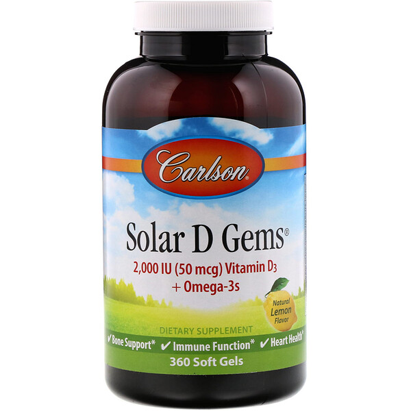 Carlson Labs, Solar D Gems, Vitamin D3 + Omega-3s, Natural Lemon Flavor, 50 mcg (2,000 IU), 360 Soft Gels 1 Carlson Labs, Solar D Gems, Vitamin D3 + Omega-3s, Natural Lemon Flavor, 50 mcg (2,000 IU), 360 Soft Gels