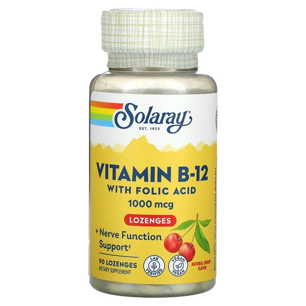 Solaray, Vitamin B-12 with Folic Acid, Natural Cherry , 1,000 mcg, 90 Lozenges 1 Solaray, Vitamin B-12 with Folic Acid, Natural Cherry , 1,000 mcg, 90 Lozenges