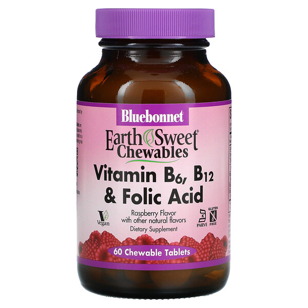 Bluebonnet Nutrition, Earth Sweet Chewables, Vitamin B6, B12 & Folic Acid, Raspberry, 60 Chewable Tablets 1 Bluebonnet Nutrition, Earth Sweet Chewables, Vitamin B6, B12 & Folic Acid, Raspberry, 60 Chewable Tablets