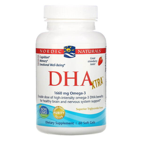 Nordic Naturals, DHA Xtra, Strawberry, 830 mg, 60 Soft Gels 1 Nordic Naturals, DHA Xtra, Strawberry, 830 mg, 60 Soft Gels