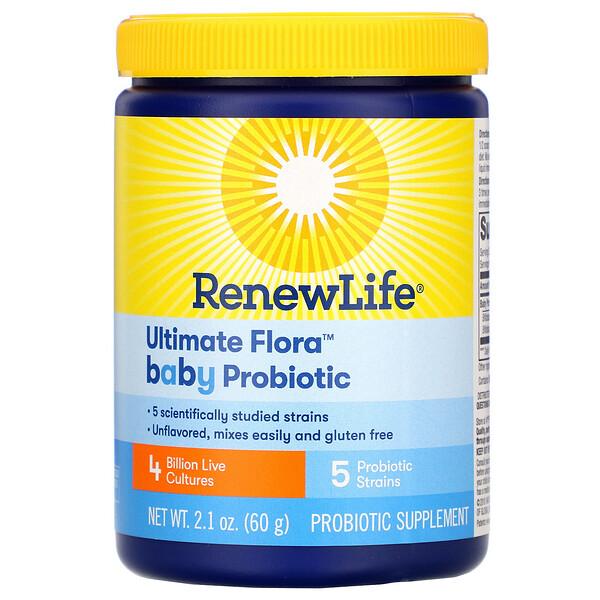 Renew Life, Ultimate Flora Baby Probiotic, 4 Billion Live Cultures, 2 Renew Life, Ultimate Flora Baby Probiotic, 4 Billion Live Cultures, 2.1 oz (60 g)