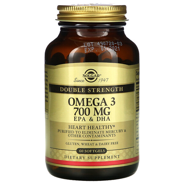 Solgar, Omega-3, EPA & DHA, Double Strength, 700 mg, 60 Softgels 1 Solgar, Omega-3, EPA & DHA, Double Strength, 700 mg, 60 Softgels