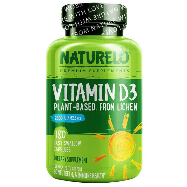 NATURELO, Vitamin D3, Plant-Based from Lichen, 62 NATURELO, Vitamin D3, Plant-Based from Lichen, 62.5 mcg (2,500 IU), 180 Easy Swallow Capsules