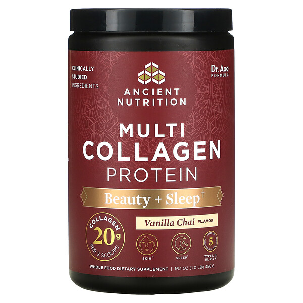 Dr. Axe / Ancient Nutrition, Multi Collagen Protein, Beauty + Sleep, Vanilla Chai, 16 Dr. Axe / Ancient Nutrition, Multi Collagen Protein, Beauty + Sleep, Vanilla Chai, 16.1 oz (456 g)