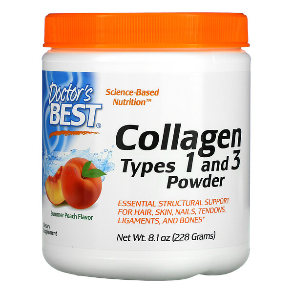 Doctor's Best, Collagen Types 1 and 3 Powder, Peach, 8 Doctor's Best, Collagen Types 1 and 3 Powder, Peach, 8.1 oz (228 g)