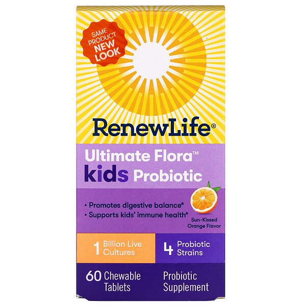 Renew Life, Ultimate Flora Kids Probiotic, Sun-Kissed Orange Flavor, 1 Billion Live Cultures, 60 Chewable Tablets 1 Renew Life, Ultimate Flora Kids Probiotic, Sun-Kissed Orange Flavor, 1 Billion Live Cultures, 60 Chewable Tablets