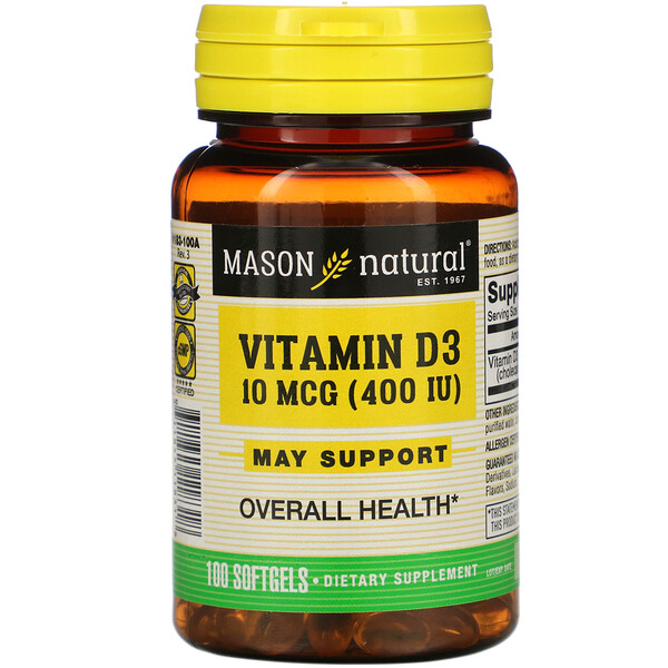 Mason Natural, Vitamin D3, 10 mcg (400 IU), 100 Softgels 1 Mason Natural, Vitamin D3, 10 mcg (400 IU), 100 Softgels