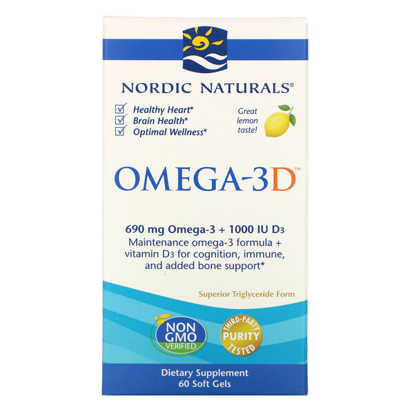 Nordic Naturals, Omega-3D, Lemon, 1000 mg, 60 Soft Gels 1 Nordic Naturals, Omega-3D, Lemon, 1000 mg, 60 Soft Gels