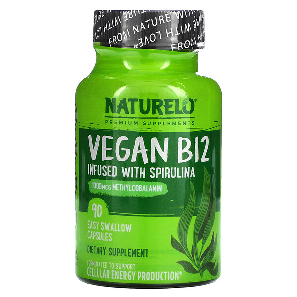 NATURELO, Vegan B12 Infused with Spirulina, 90 Easy Swallow