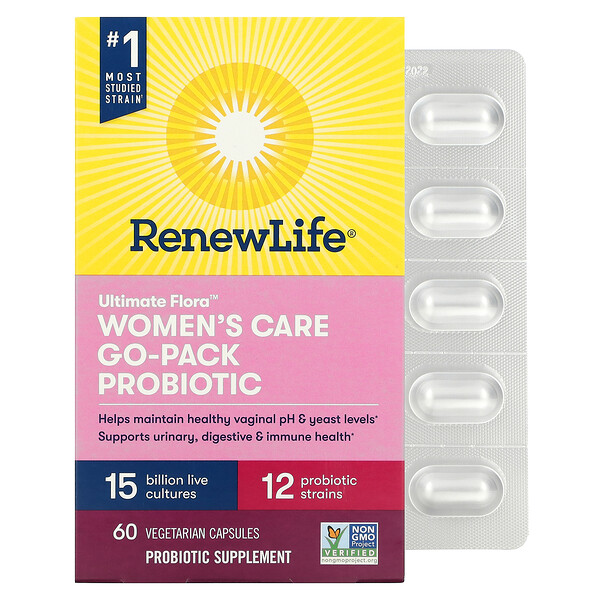 Renew Life, Women's Care Go-Pack , Ultimate Flora Probiotic, 15 Billion Live Cultures, 60 Vegetarian Capsules 1 Renew Life, Women's Care Go-Pack , Ultimate Flora Probiotic, 15 Billion Live Cultures, 60 Vegetarian Capsules