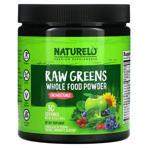 NATURELO, Raw Greens, Whole Food Powder, Unsweetened, 8 NATURELO, Raw Greens, Whole Food Powder, Unsweetened, 8.5 oz (240 g)