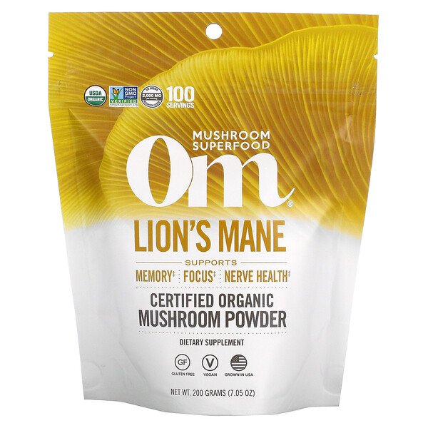 Om Mushrooms, Certified Organic Mushroom Powder, Lion's Mane, 7 Om Mushrooms, Certified Organic Mushroom Powder, Lion's Mane, 7.05 oz ( 200 g)