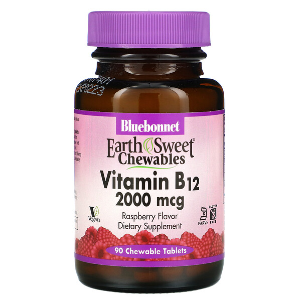 Bluebonnet Nutrition, EarthSweet Chewables, Vitamin B12, Raspberry , 2,000 mcg, 90 Chewable Tablets 1 Bluebonnet Nutrition, EarthSweet Chewables, Vitamin B12, Raspberry , 2,000 mcg, 90 Chewable Tablets
