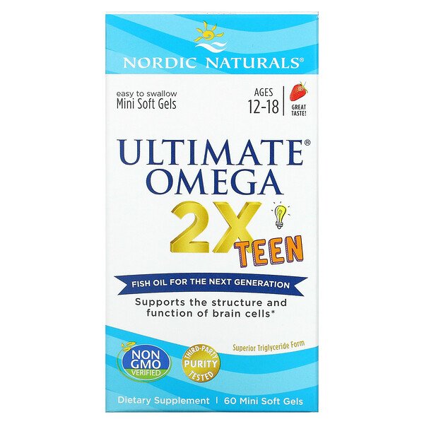 Nordic Naturals, Ultimate Omega 2X Teen, Ages 12-18, Strawberry, 60 Mini Soft Gels 1 Nordic Naturals, Ultimate Omega 2X Teen, Ages 12-18, Strawberry, 60 Mini Soft Gels