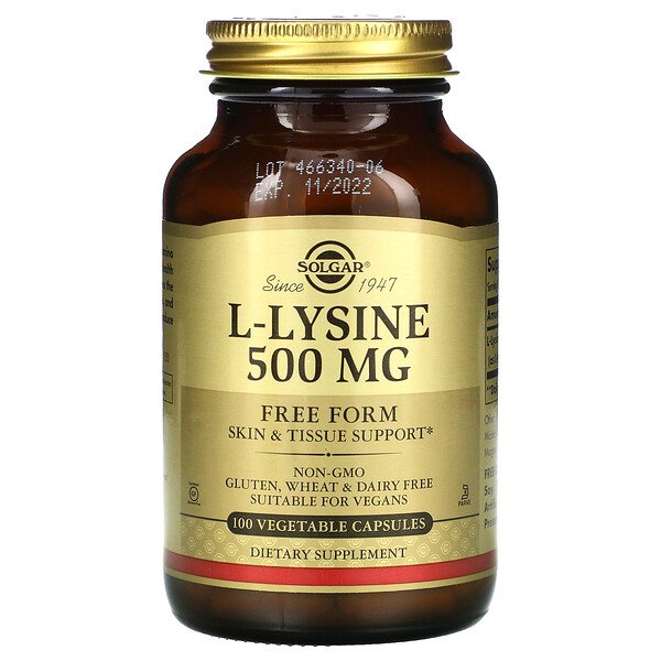 Solgar, L-Lysine, Free Form, 500 mg, 100 Vegetable Capsules 1 Solgar, L-Lysine, Free Form, 500 mg, 100 Vegetable Capsules
