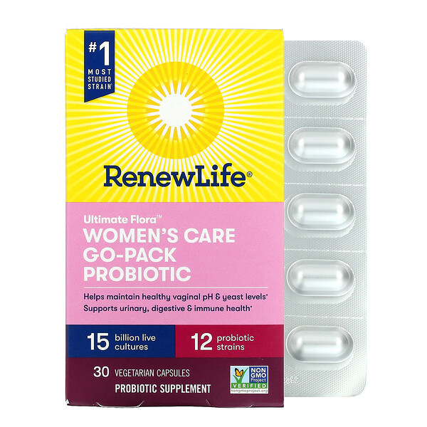 Renew Life, Ultimate Flora, Women's Care Go-Pack Probiotic, 15 Billion Live Cultures, 30 Vegetarian Capsules 1 Renew Life, Ultimate Flora, Women's Care Go-Pack Probiotic, 15 Billion Live Cultures, 30 Vegetarian Capsules