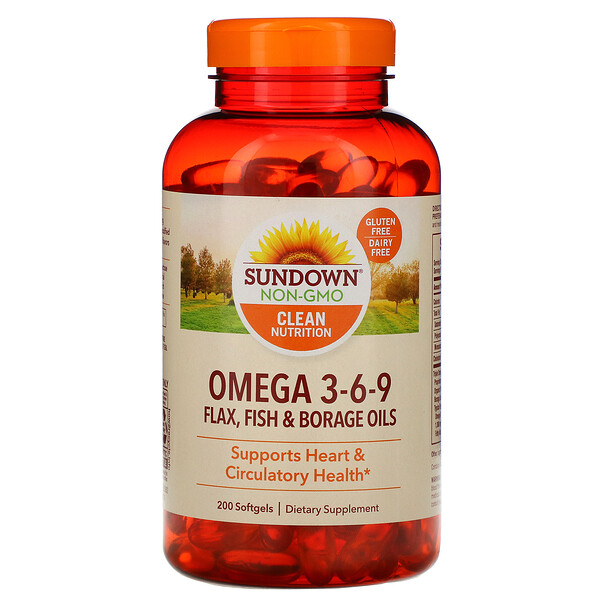 Sundown Naturals, Omega 3-6-9 Flax, Fish & Borage Oils, 200 Softgels 1 Sundown Naturals, Omega 3-6-9 Flax, Fish & Borage Oils, 200 Softgels
