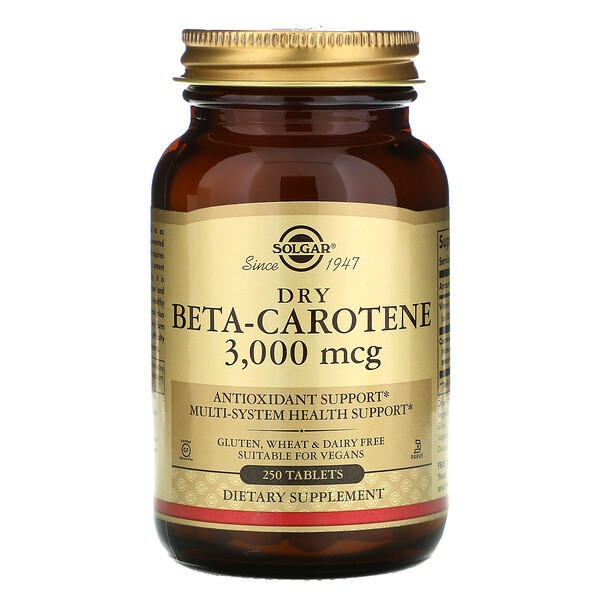 Solgar, Dry Beta-Carotene, 3,000 mcg, 250 Tablets 1 Solgar, Dry Beta-Carotene, 3,000 mcg, 250 Tablets