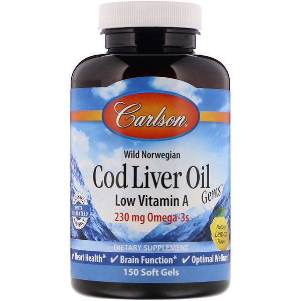 Carlson Labs, Wild Norwegian, Cod Liver Oil Gems, Low Vitamin A, Natural Lemon Flavor, 230 mg, 150 Soft Gels 1 Carlson Labs, Wild Norwegian, Cod Liver Oil Gems, Low Vitamin A, Natural Lemon Flavor, 230 mg, 150 Soft Gels