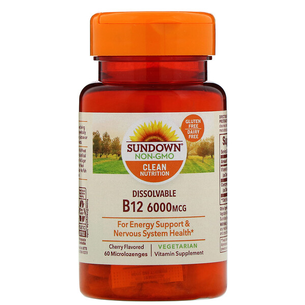 Sundown Naturals, Dissolvable B12, Cherry Flavored, 6,000 mcg, 60 Microlozenges 1 Sundown Naturals, Dissolvable B12, Cherry Flavored, 6,000 mcg, 60 Microlozenges