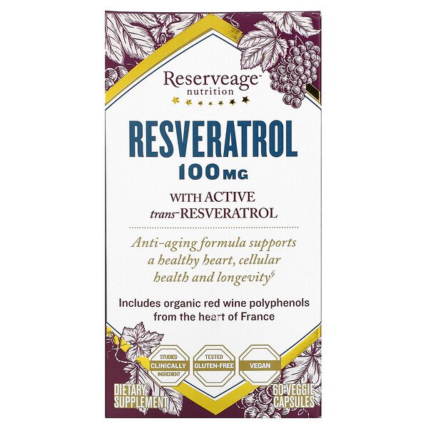 ReserveAge Nutrition, Resveratrol, 100 mg, 60 Veggie Capsules 1 ReserveAge Nutrition, Resveratrol, 100 mg, 60 Veggie Capsules