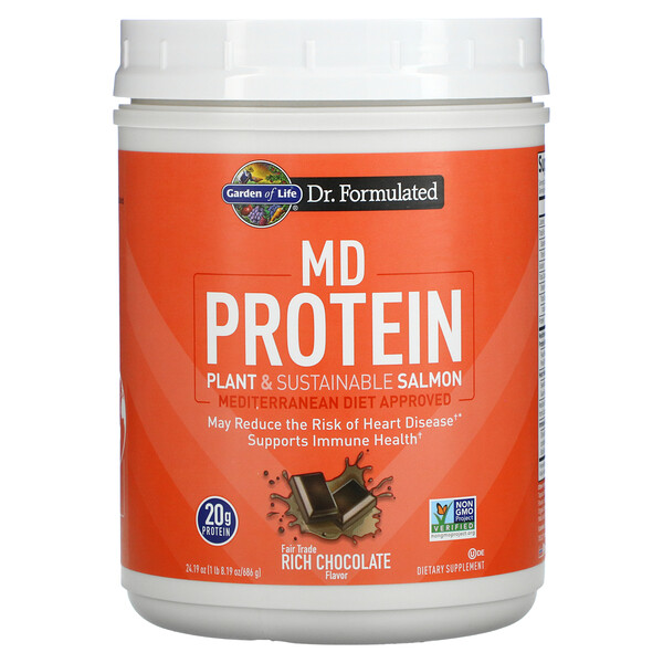 Garden of Life, MD Protein, Plant & Sustainable Salmon, Rich Chocolate, 24 Garden of Life, MD Protein, Plant & Sustainable Salmon, Rich Chocolate, 24.19 oz (686 g)