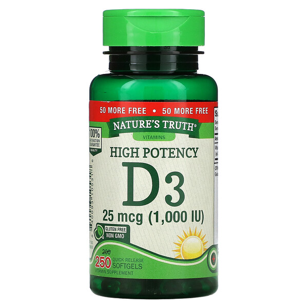 Nature's Truth, High Potency Vitamin D3, 25 mcg (1,000 IU), 250 Quick Release Softgels 1 Nature's Truth, High Potency Vitamin D3, 25 mcg (1,000 IU), 250 Quick Release Softgels