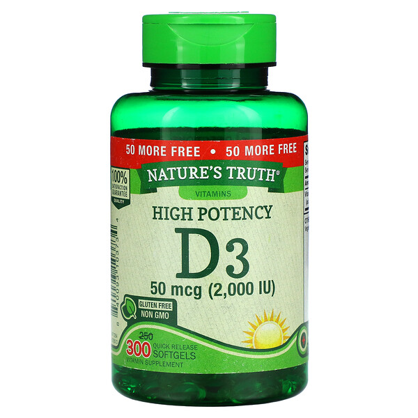 Nature's Truth, High Potency Vitamin D3, 50 mcg (2,000 IU), 300 Quick Release Softgels 1 Nature's Truth, High Potency Vitamin D3, 50 mcg (2,000 IU), 300 Quick Release Softgels