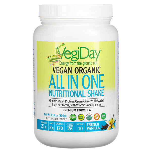 Natural Factors, VegiDay, Vegan Organic All In One Nutritional Shake, French Vanilla, 15 Natural Factors, VegiDay, Vegan Organic All In One Nutritional Shake, French Vanilla, 15.2 oz (430 g)