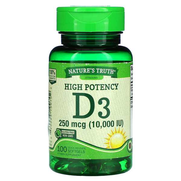 Nature's Truth, High Potency Vitamin D3, 250 mcg (10,000 IU), 100 Quick Release Softgels 1 Nature's Truth, High Potency Vitamin D3, 250 mcg (10,000 IU), 100 Quick Release Softgels