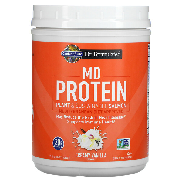 Garden of Life, MD Protein, Plant & Sustainable Salmon, Creamy Vanilla, 22 Garden of Life, MD Protein, Plant & Sustainable Salmon, Creamy Vanilla, 22.71 oz (644 g)