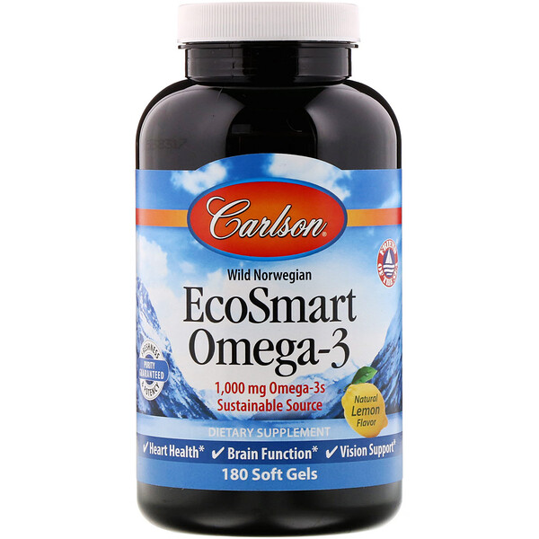Carlson Labs, EcoSmart Omega-3, Natural Lemon Flavor, 500 mg, 180 Soft Gels 1 Carlson Labs, EcoSmart Omega-3, Natural Lemon Flavor, 500 mg, 180 Soft Gels