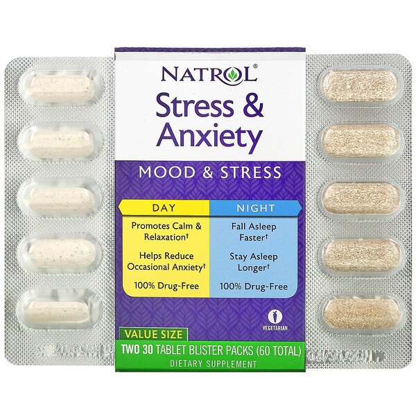 Natrol, Stress & Anxiety, Day & Night, Two 30 Tablet Blister Packs (60 Total) 1 Natrol, Stress & Anxiety, Day & Night, Two 30 Tablet Blister Packs (60 Total)